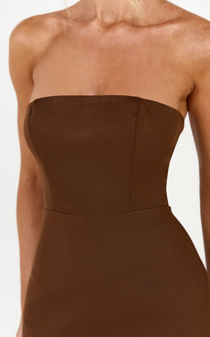 Dessa Midi Dress - Strapless Column Dress in Chocolate