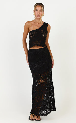 Charlene Maxi Skirt - Crochet Fit And Flare Skirt in Black