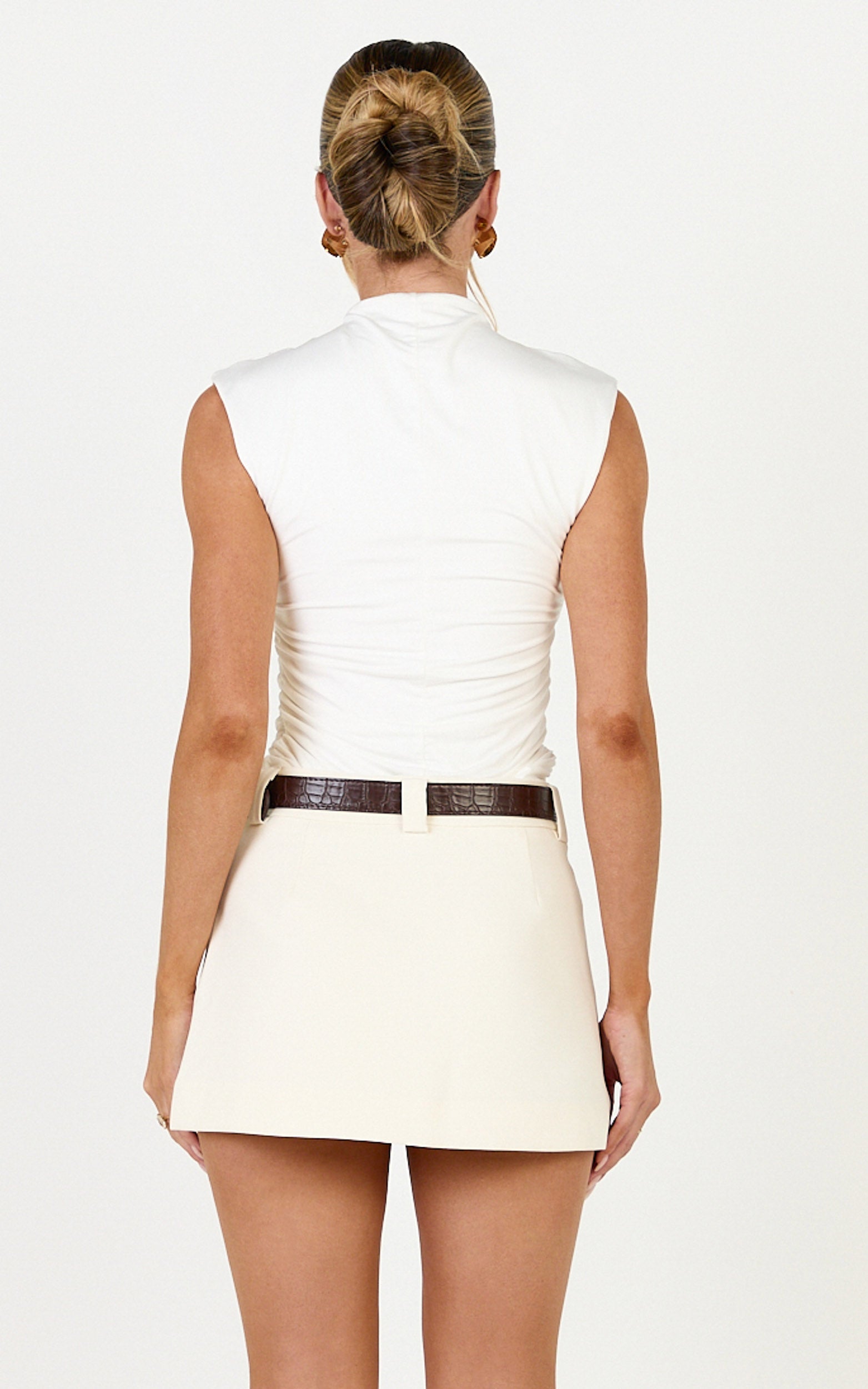 Olive Top - High Neck Sleeveless Side Ruched Top in Off White