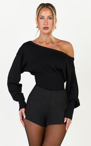 Sienna Top - Asymmetrical Neckline Long Sleeve Knit Top in Black