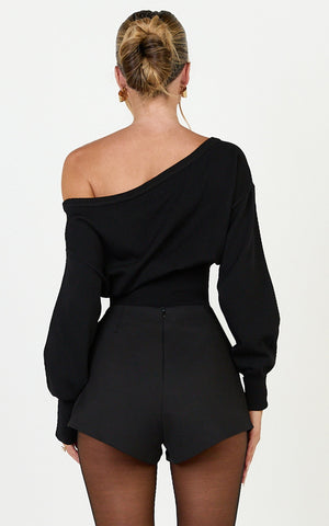 Sienna Top - Asymmetrical Neckline Long Sleeve Knit Top in Black