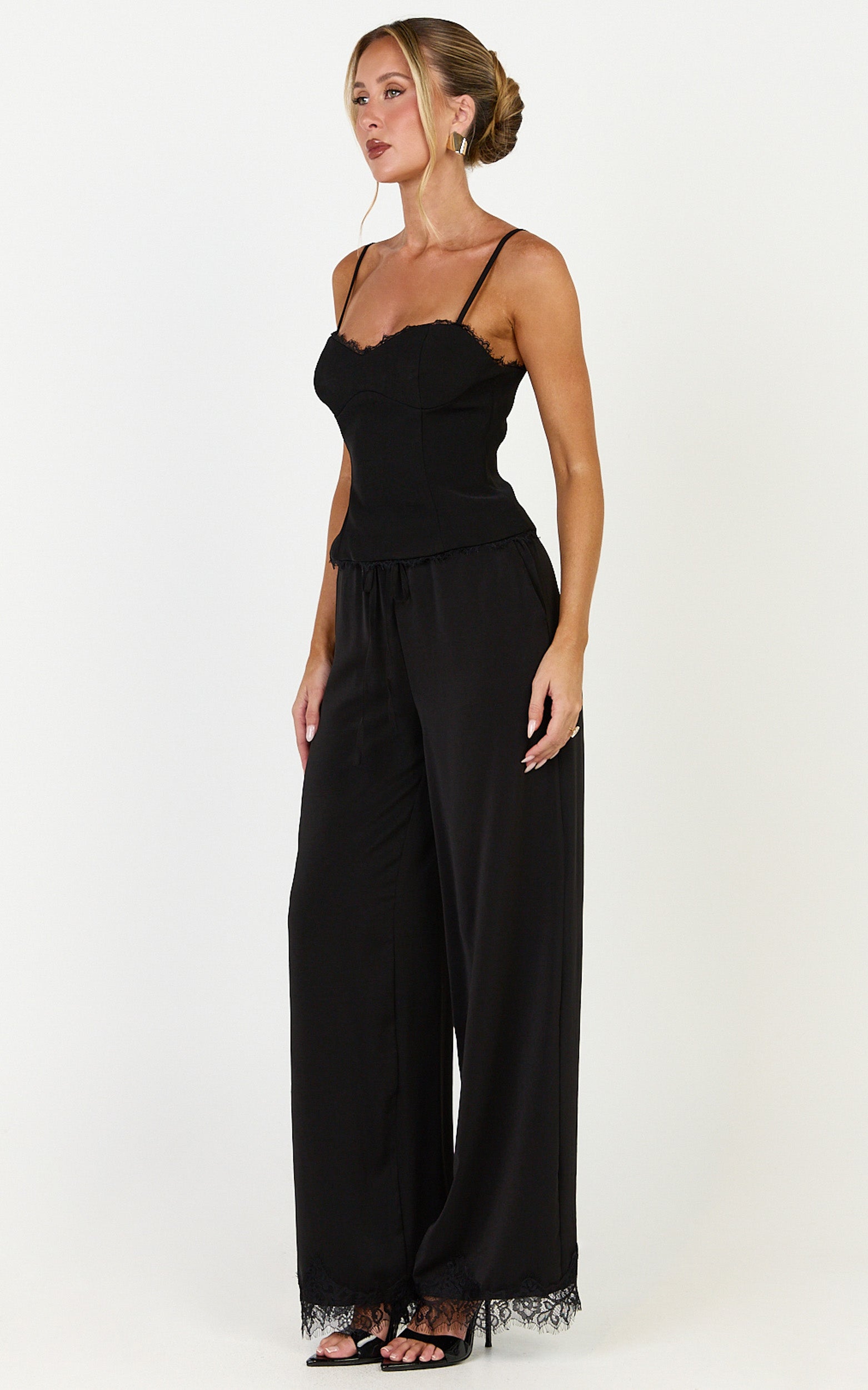 Ava Pants - Mid Waist Relaxed Leg Lace Hem Pants in Black