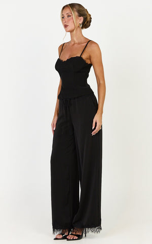 Ava Pants - Mid Waist Relaxed Leg Lace Hem Pants in Black