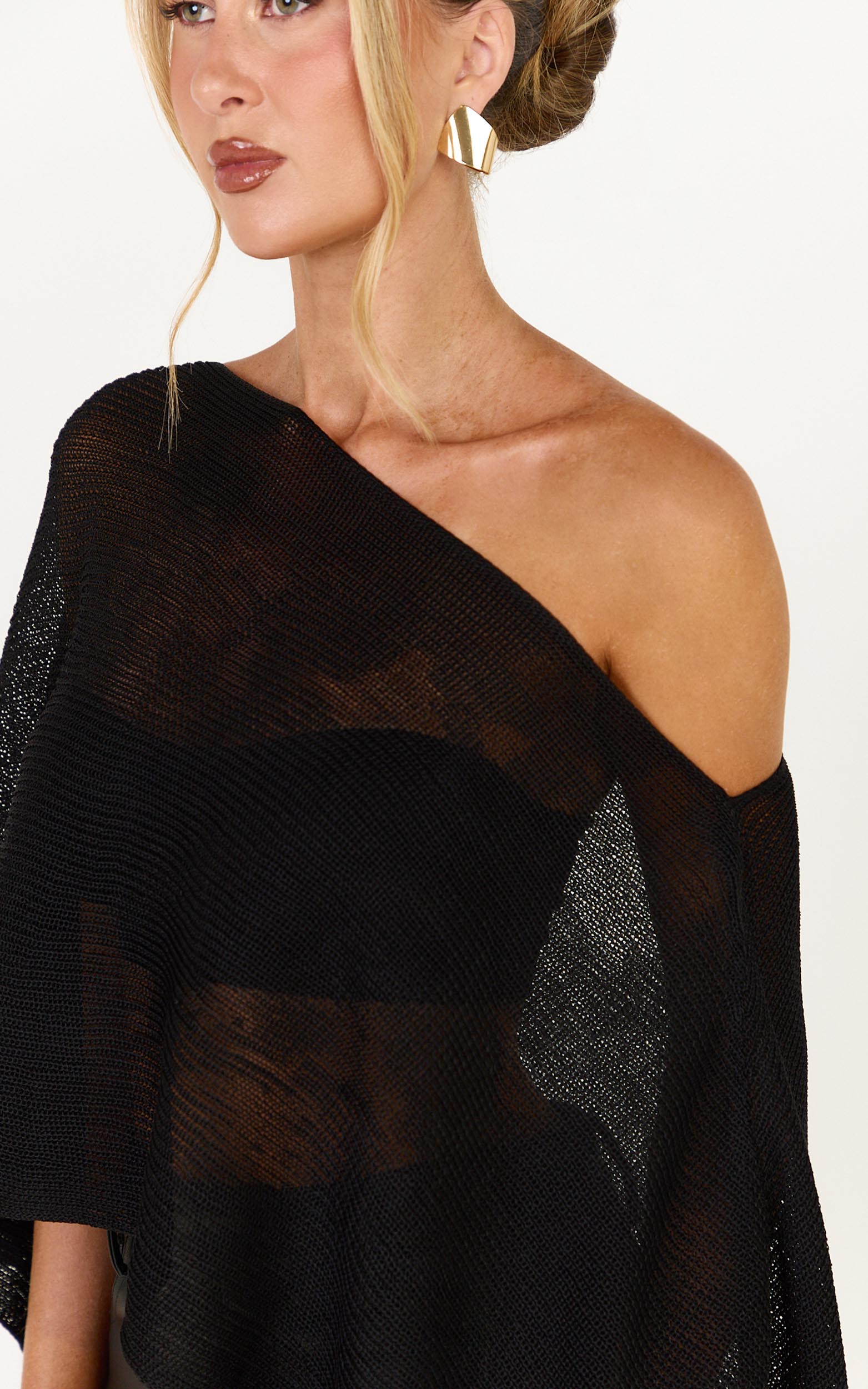 Amarie Top - Sheer Knit Off Shoulder Cape Top in Black