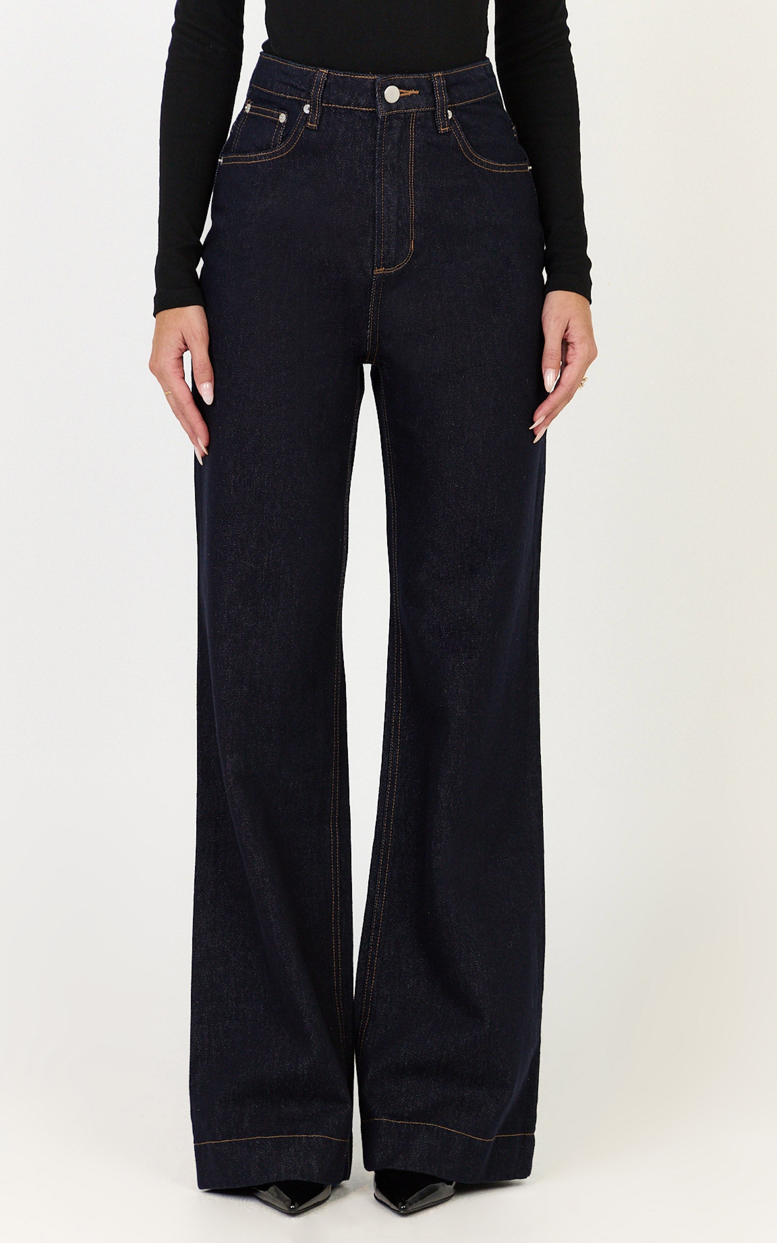 Emman Jeans - High Waisted Cotton Wide Leg Denim Jeans in Raw Denim with Tobacco Stitch