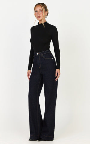 Emman Jeans - High Waisted Cotton Wide Leg Denim Jeans in Raw Denim with Tobacco Stitch