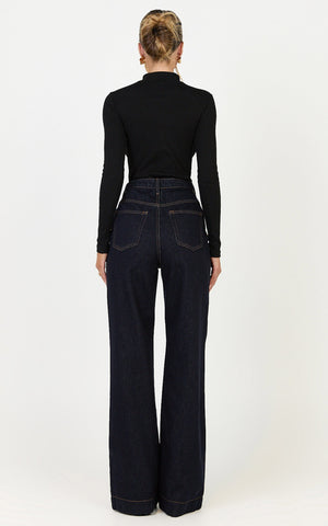 Emman Jeans - High Waisted Cotton Wide Leg Denim Jeans in Raw Denim with Tobacco Stitch