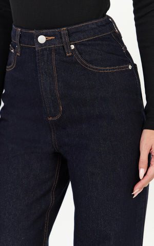 Emman Jeans - High Waisted Cotton Wide Leg Denim Jeans in Raw Denim with Tobacco Stitch