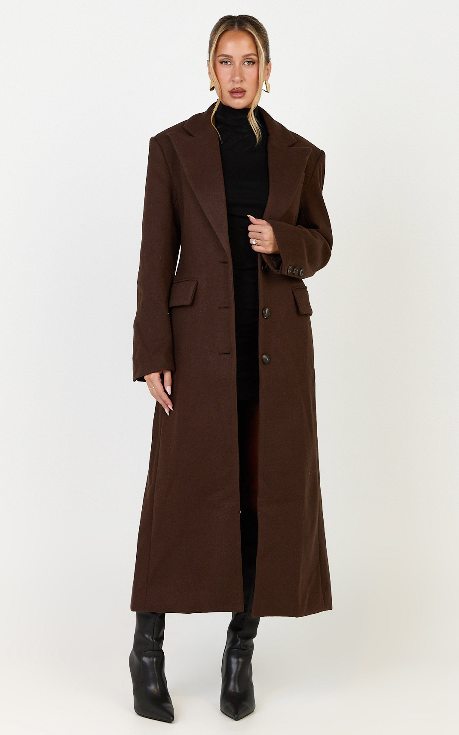 Paloma Coat - Tailored Cinched Waist Longline Coat in Chocolate