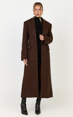 Paloma Coat - Tailored Cinched Waist Longline Coat in Chocolate