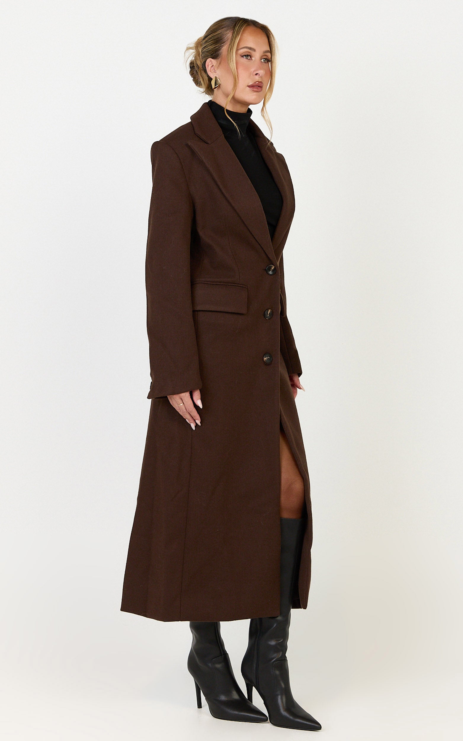 Paloma Coat - Tailored Cinched Waist Longline Coat in Chocolate