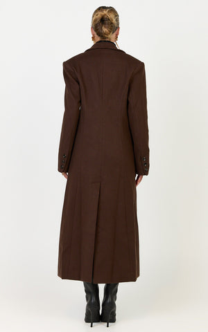 Paloma Coat - Tailored Cinched Waist Longline Coat in Chocolate