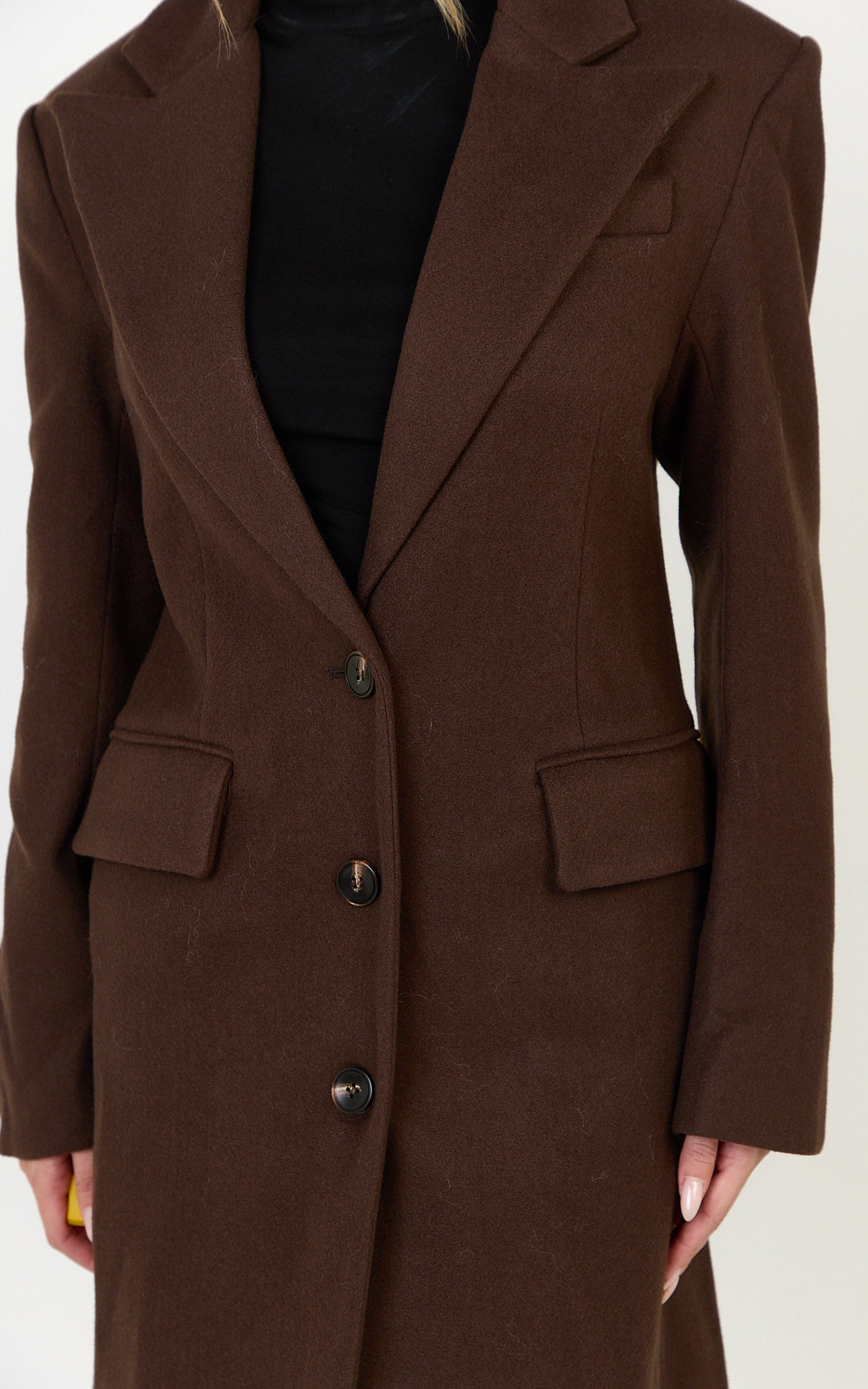 Paloma Coat - Tailored Cinched Waist Longline Coat in Chocolate