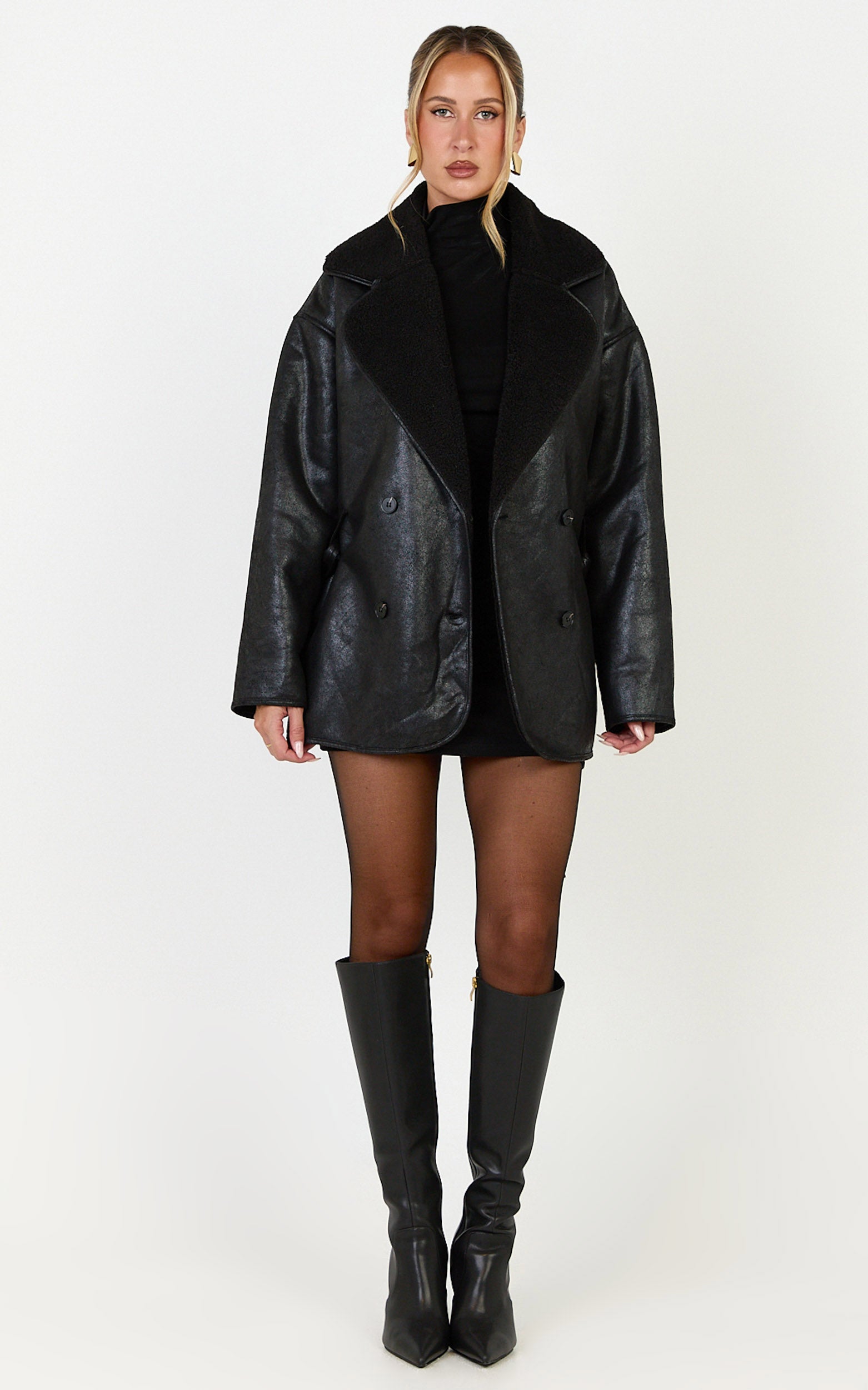 Esme Coat - Double Breasted Belted Faux Leather Faux Fur Lined Jacket in Black