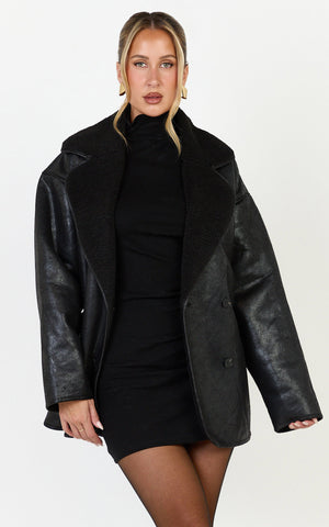 Esme Coat - Double Breasted Belted Faux Leather Faux Fur Lined Jacket in Black