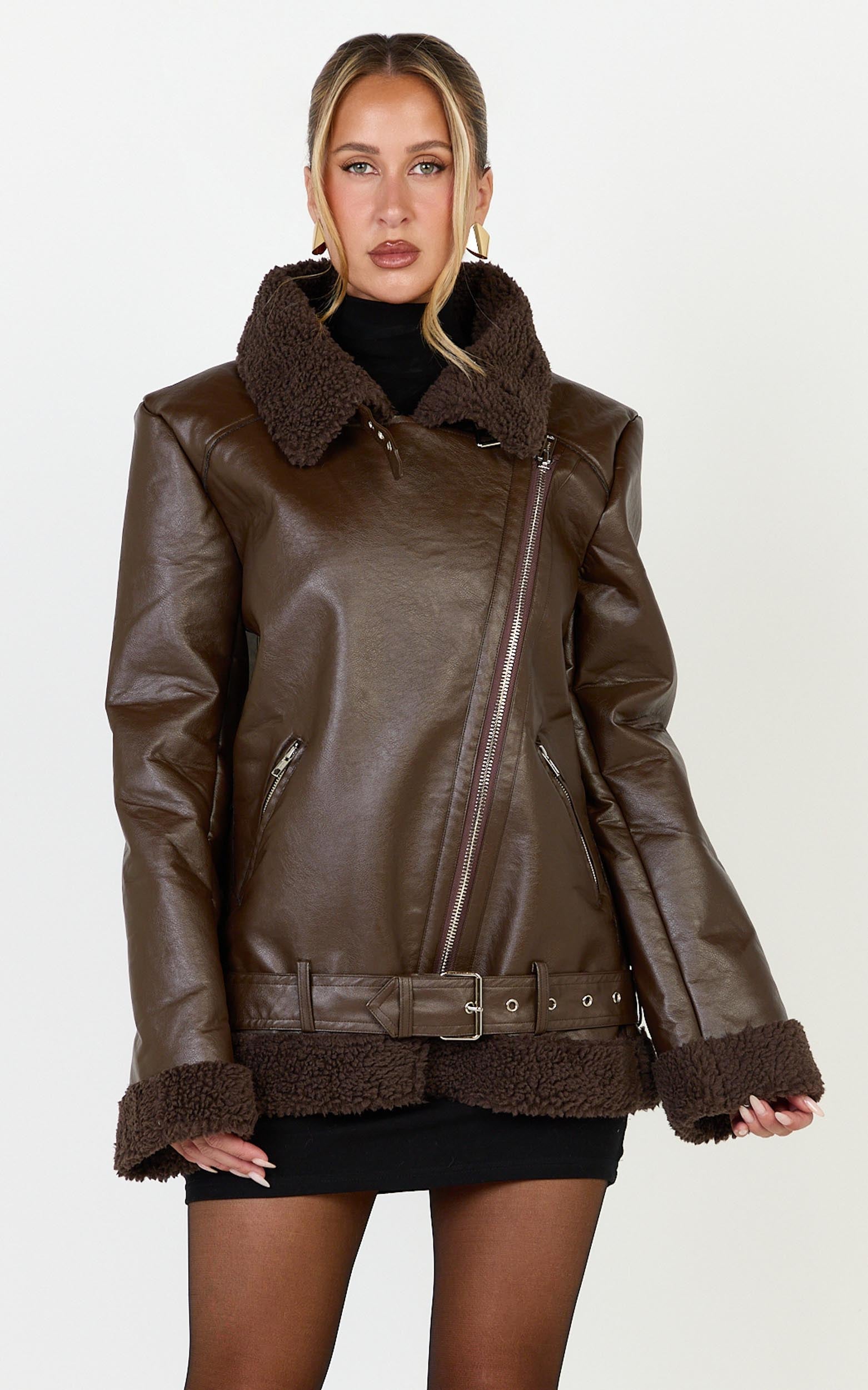 Isolde Jacket - Faux Leather Shearling Biker Jacket in Dark Chocolate