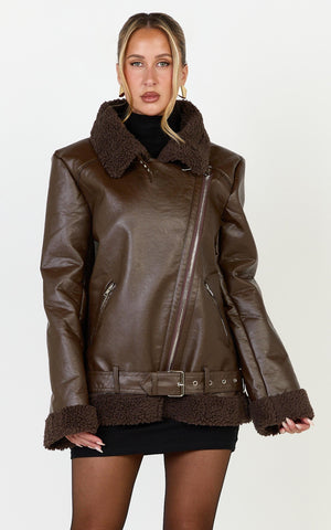Isolde Jacket - Faux Leather Shearling Biker Jacket in Dark Chocolate