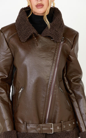 Isolde Jacket - Faux Leather Shearling Biker Jacket in Dark Chocolate