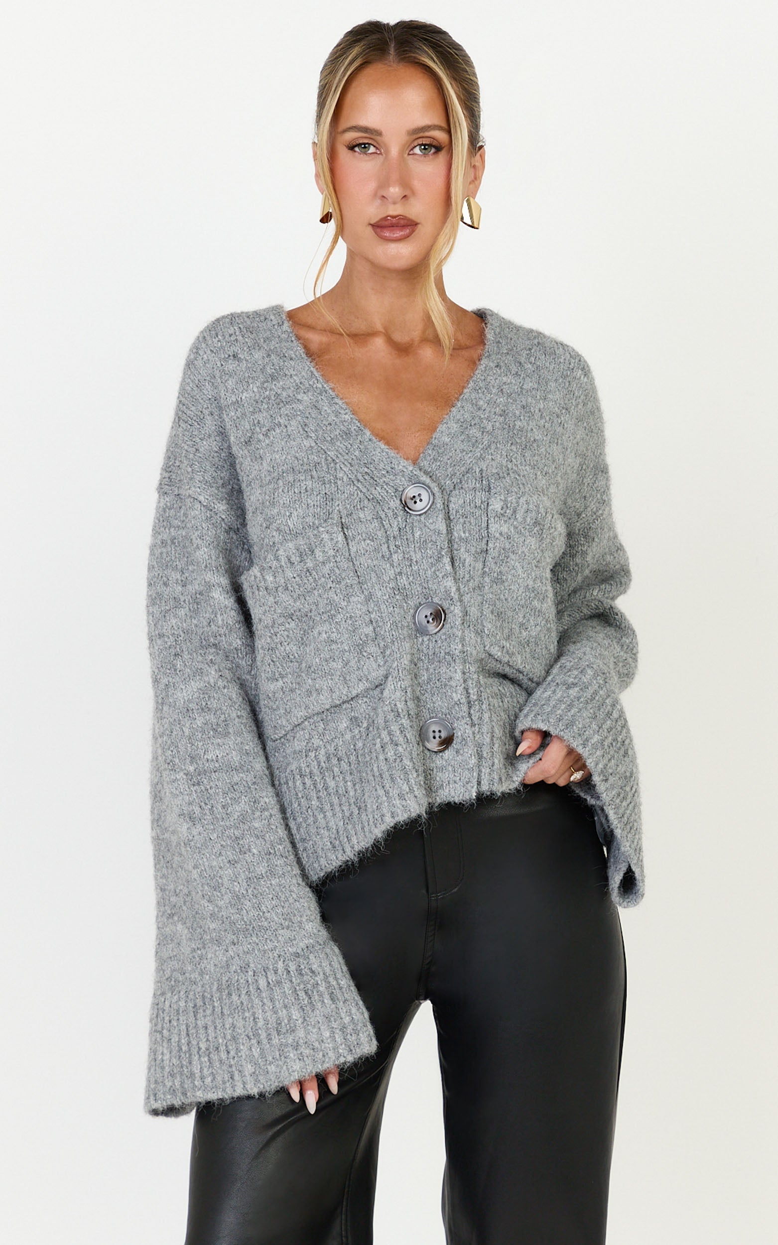 Becka Cardigan - Oversized Recycled Knitted Button Through Cardigan in Grey
