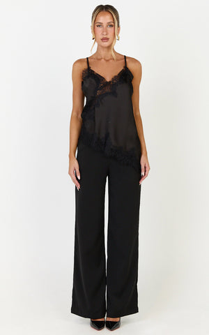 Ava Top - Lace Trim Asymmetrical Camisole Top in Black
