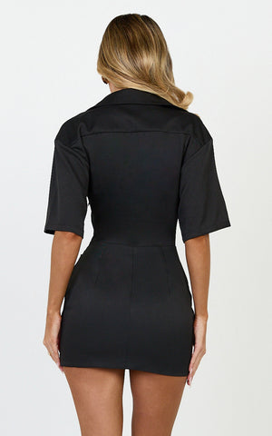 Leora Mini Dress - Button Front Draped Cowl Waist Dress in Black