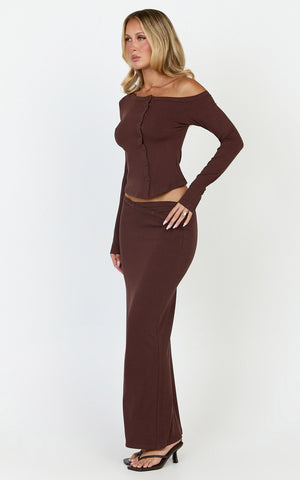 Lulu Two Piece Top and Skirt Set - Asymmetrical Button Detail Top And Maxi Skirt Set in Chocolate