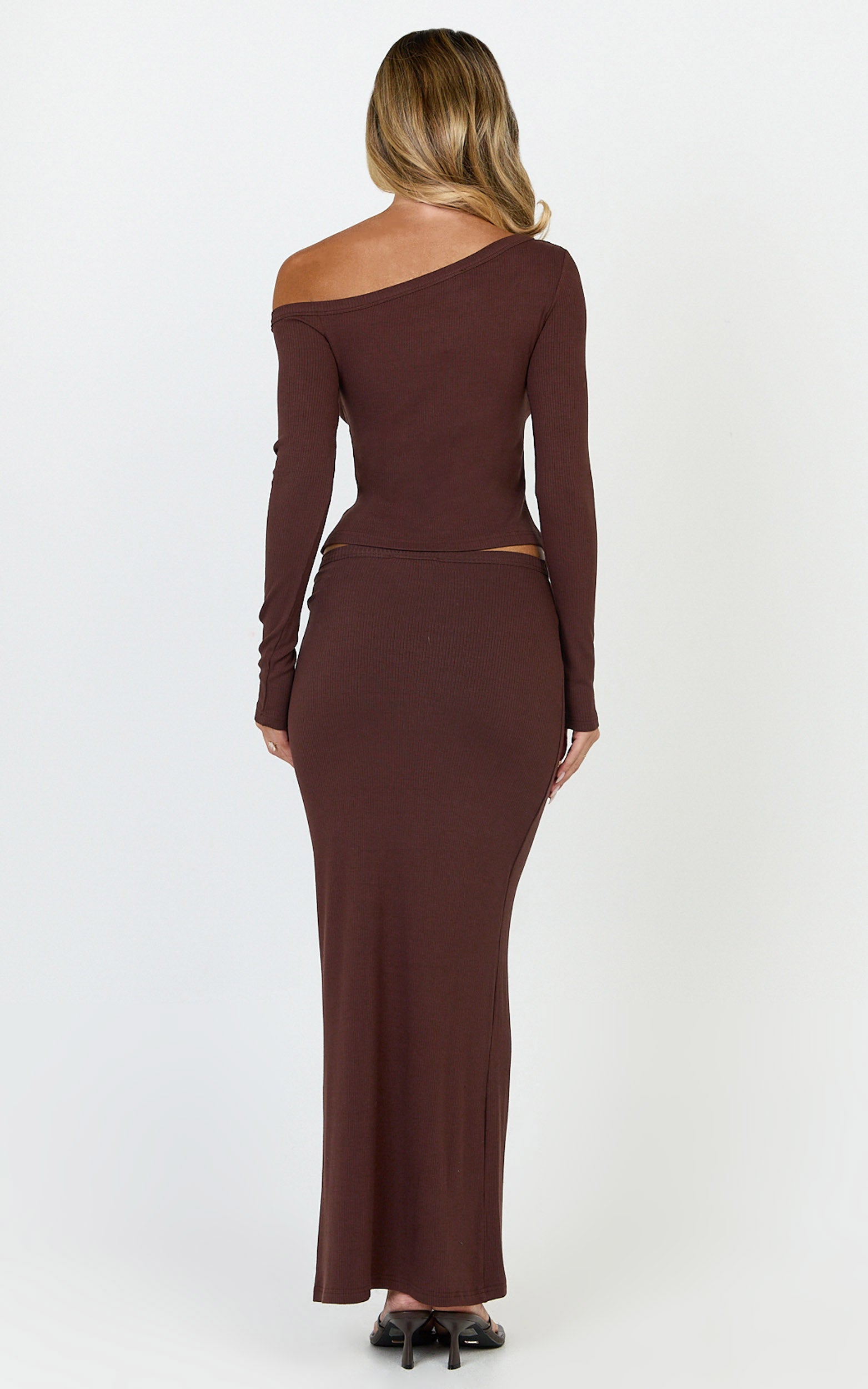Lulu Two Piece Top and Skirt Set - Asymmetrical Button Detail Top And Maxi Skirt Set in Chocolate