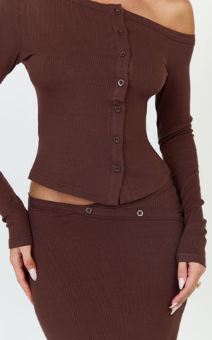 Lulu Two Piece Top and Skirt Set - Asymmetrical Button Detail Top And Maxi Skirt Set in Chocolate