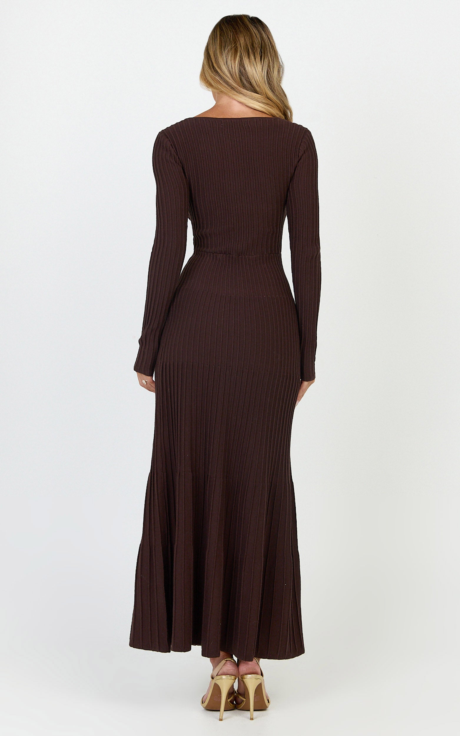 Maris Midi Dress - Keyhole and Hardware Neckline Long Sleeve Flared Dress in Choc