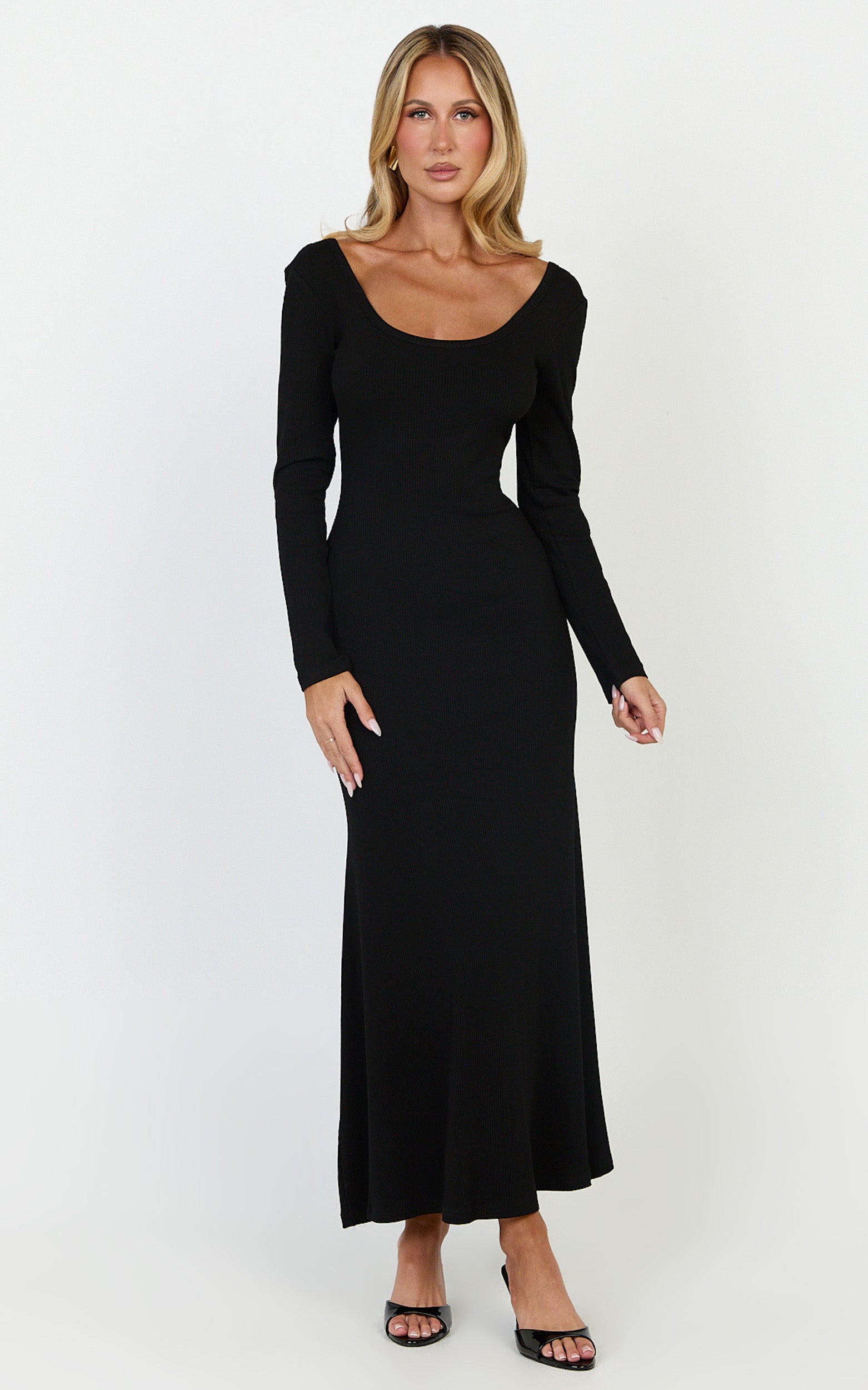 Gabriella Maxi Dress - Long Sleeve Scoop Neck Dress in Black