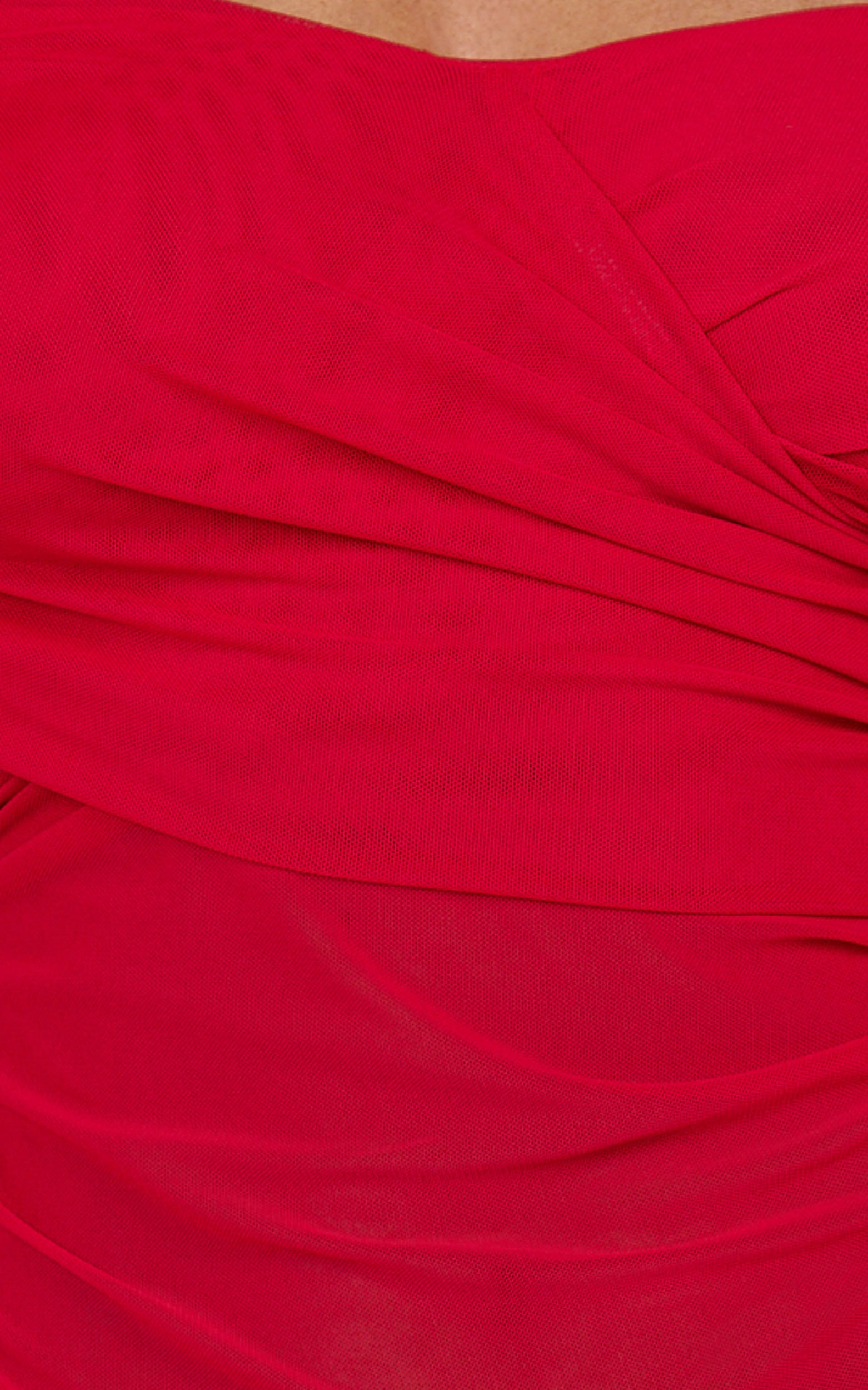 Jade Mini Dress - Long Sleeve Off Shoulder Draped Bias Cut Dress in Red