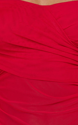 Jade Mini Dress - Long Sleeve Off Shoulder Draped Bias Cut Dress in Red