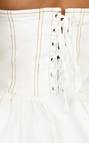 Hayes Mini Dress - Halter Neck Corset Bodice Dress in Cream Contrast Stitch