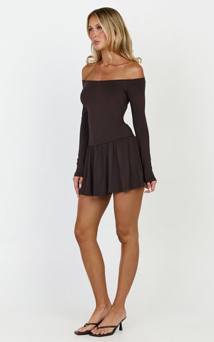 Estelle Mini Dress - Off Shoulder Long Sleeve Drop Waist Dress in Dark Chocolate
