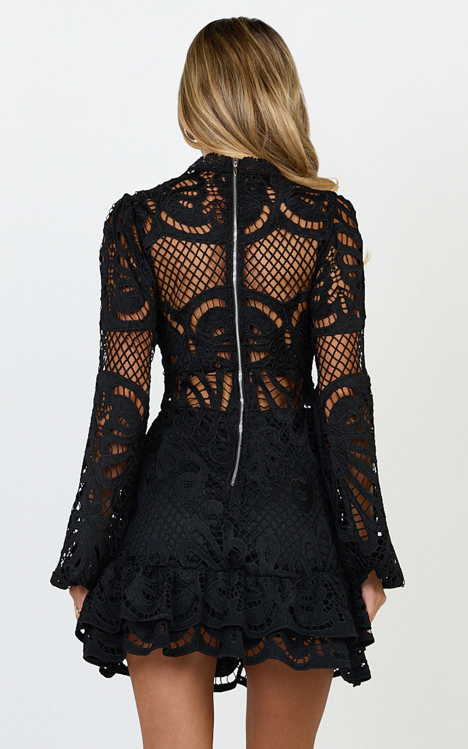 Kiss Me Now Mini Dress - Long Puff Sleeve Dress in Black Lace