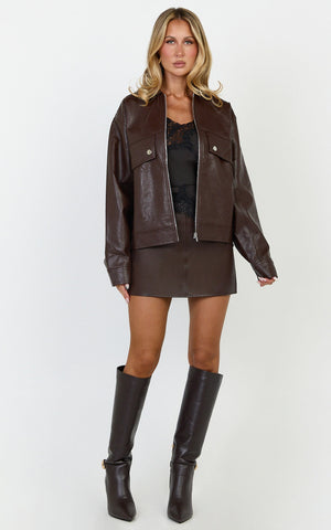 Lumi Jacket - Faux Leather Bomber Jacket in Chocolate