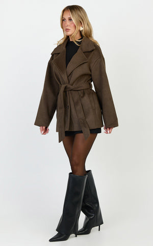 Dahlia Coat - Single Breasted Belted Short Wool Like Coat in Dark Chocolate