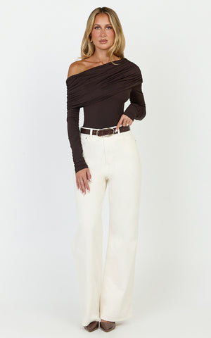 Hallie Bodysuit - One Shoulder Draped Long Sleeve Bodysuit in Chocolate