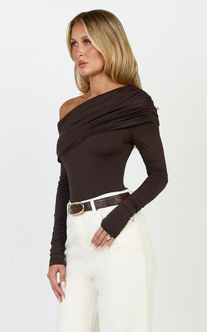 Hallie Bodysuit - One Shoulder Draped Long Sleeve Bodysuit in Chocolate