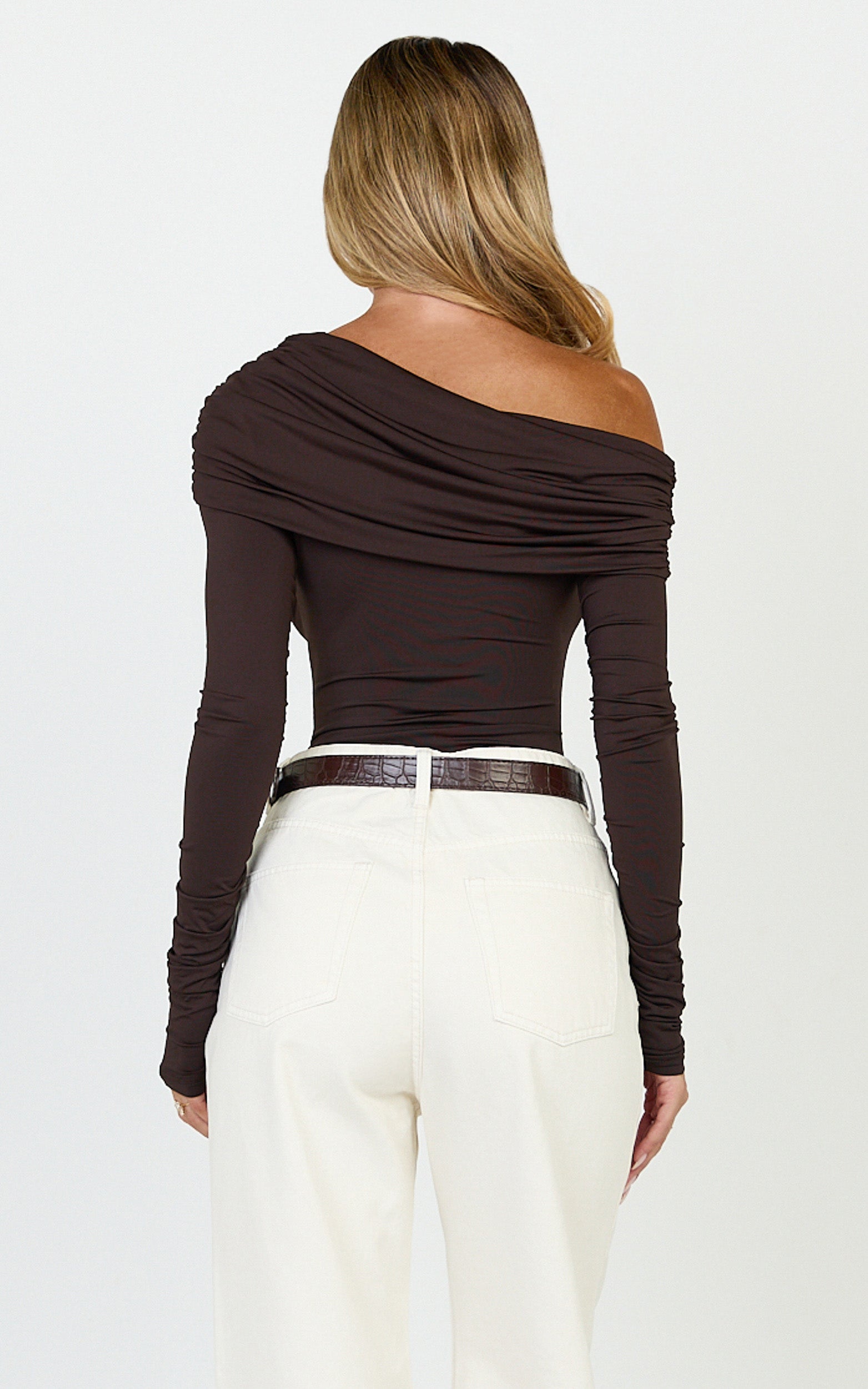 Hallie Bodysuit - One Shoulder Draped Long Sleeve Bodysuit in Chocolate