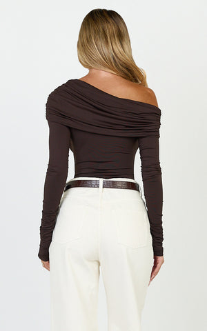 Hallie Bodysuit - One Shoulder Draped Long Sleeve Bodysuit in Chocolate