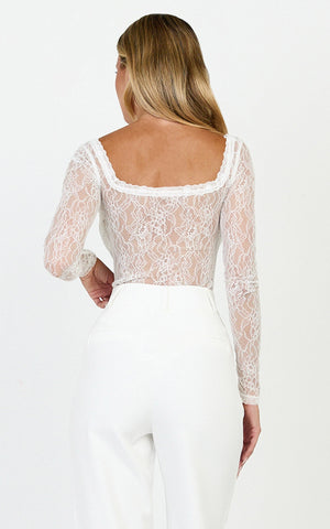 Cynthia Bodysuit - Long Sleeve Lace Bodysuit in Cream