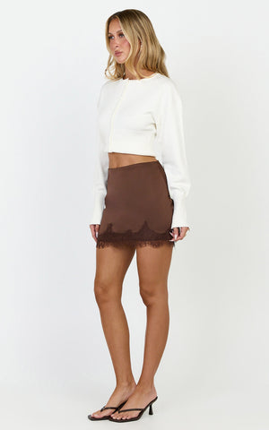 Ava Mini Skirt - Lace Trim Skirt in Chocolate