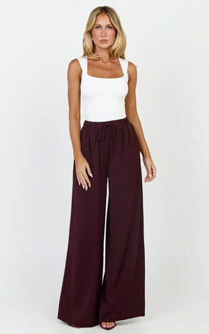 Nicole Pants - High Waist Elasticated Gathered Waist Wide Leg Pants in Wine