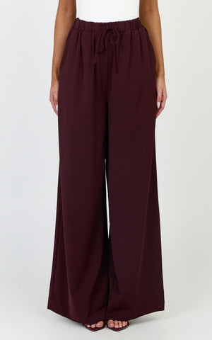 Nicole Pants - High Waist Elasticated Gathered Waist Wide Leg Pants in Wine