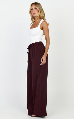 Nicole Pants - High Waist Elasticated Gathered Waist Wide Leg Pants in Wine