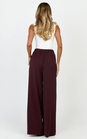 Nicole Pants - High Waist Elasticated Gathered Waist Wide Leg Pants in Wine