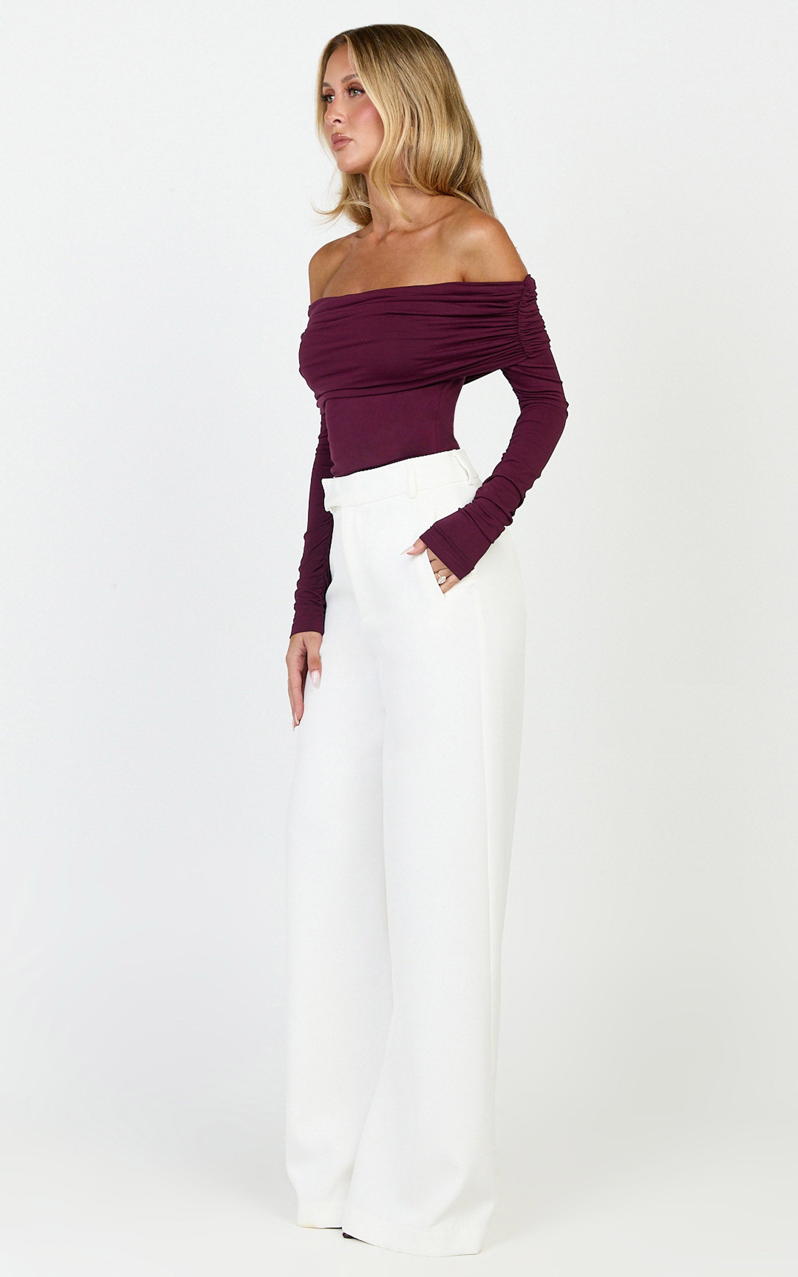 Jolie Top - Off Shoulder Long Sleeve Gathered Top in Wine
