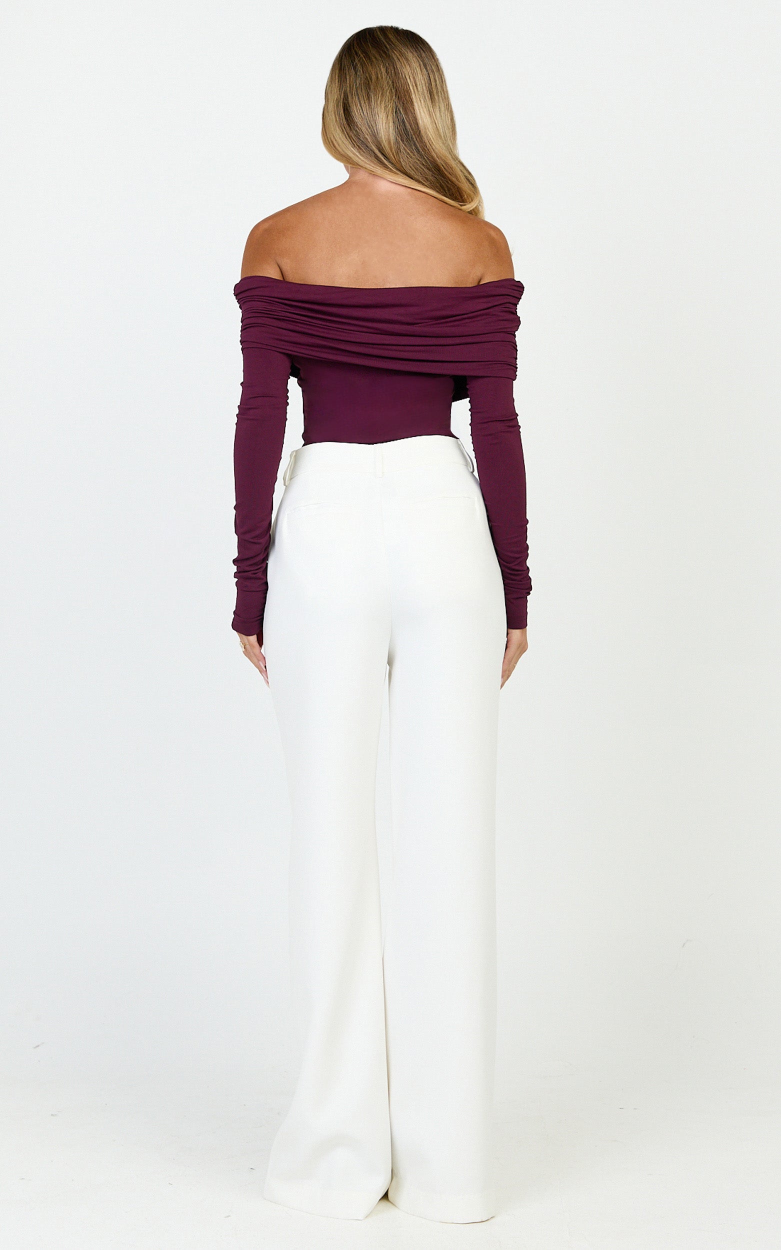 Jolie Top - Off Shoulder Long Sleeve Gathered Top in Wine