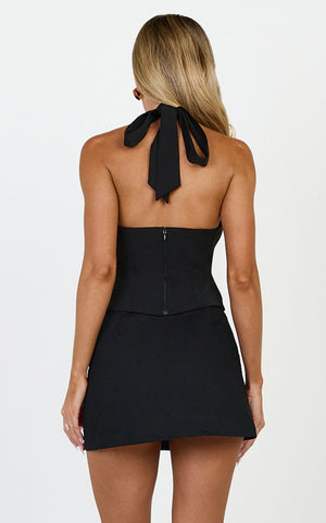 Marguerite Top - V Neck Tailored Halter Top in Black